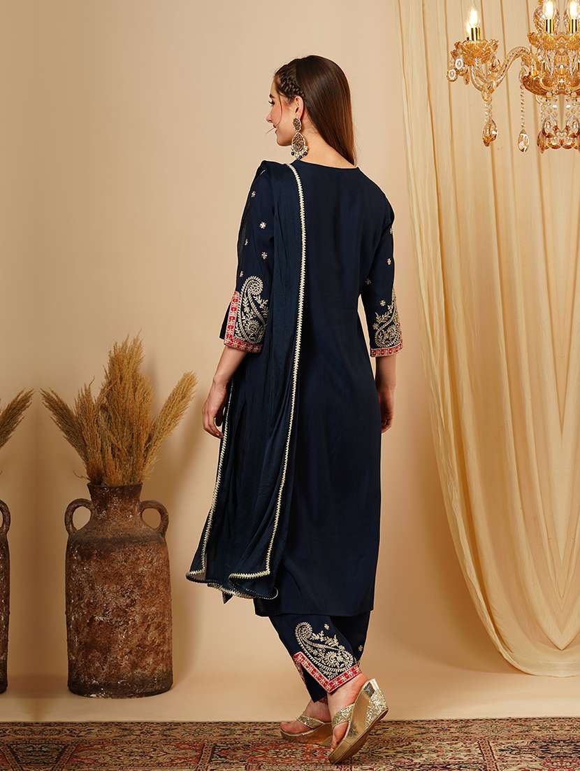 women's navy blue embroidered & gotta lace yoke straight paisley print hem kurta trousers & dupatta festive set - 21511038 -  Standard Image - 2