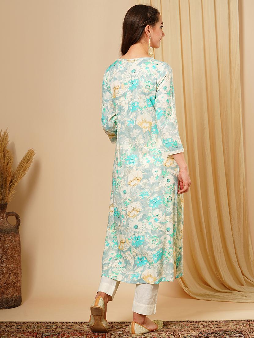 women's green lace & sequin yoke gold foil floral print a-line workwear kurta - 21511046 - Standard Image - 2