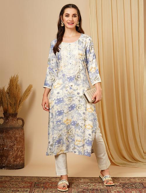 women's blue lace & sequin yoke gold foil floral print a-line workwear kurta - 21511047 -  Standard Image - 0