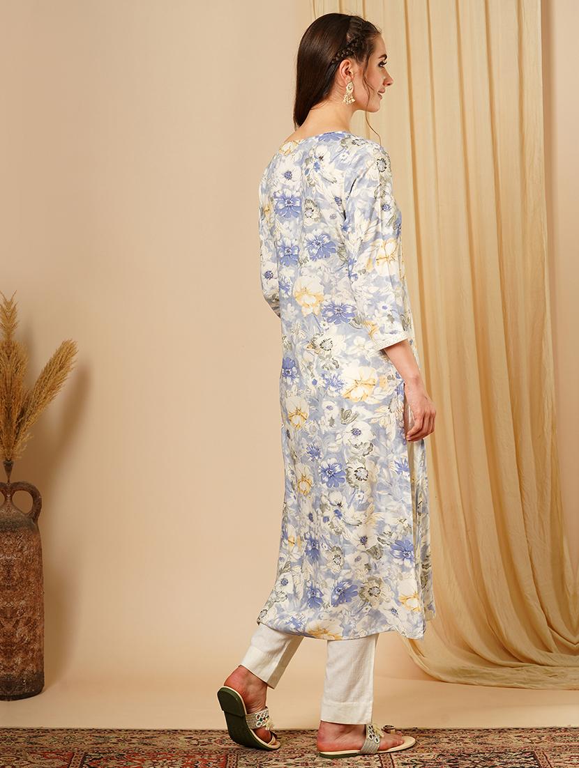 women's blue lace & sequin yoke gold foil floral print a-line workwear kurta - 21511047 - Standard Image - 2