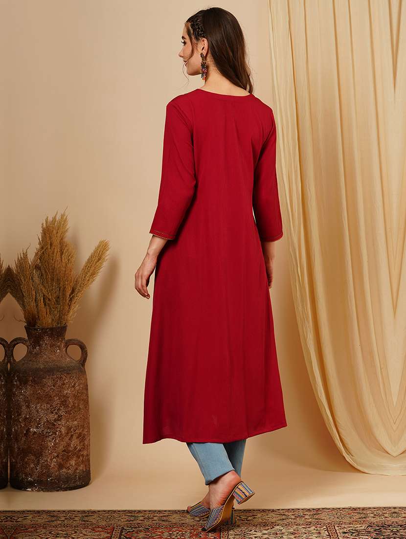 women's rust floral embroidered v-neck a-line workwear kurta - 21511048 -  Standard Image - 2