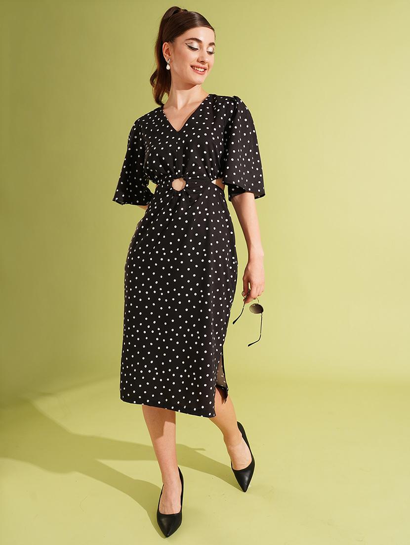 women's black v-neck polka dots cut-out side slit a-line party dress - 21511050 - Zoom Image - 0
