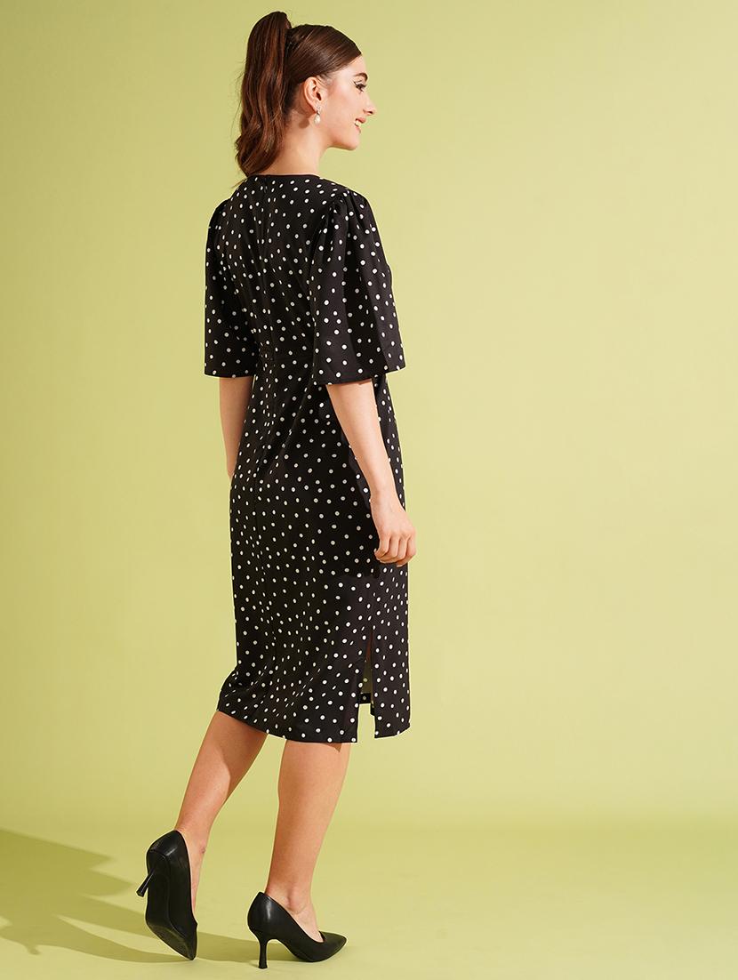 women's black v-neck polka dots cut-out side slit a-line party dress - 21511050 - Standard Image - 2