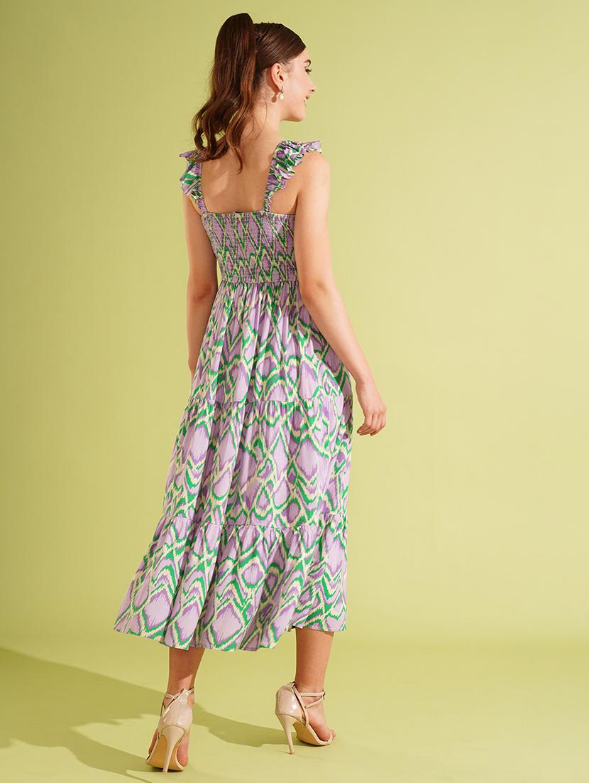 globus women multi-colour abstract print square neck strappy sleeves smocked tiered fit & flare midi dress - 21511052 - Standard Image - 2