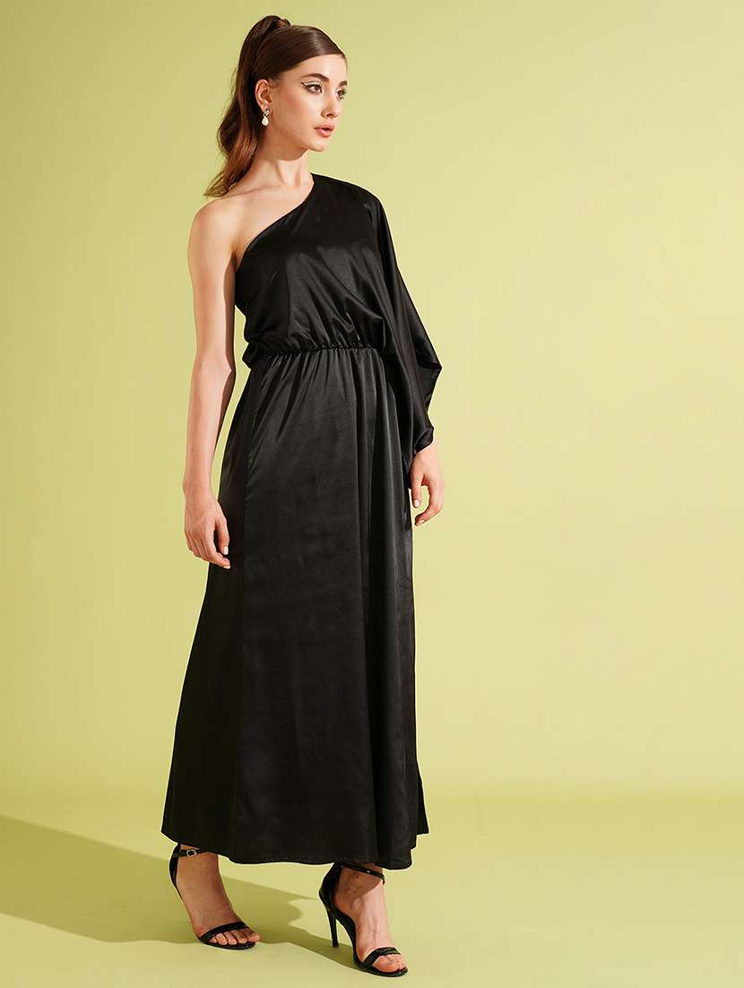 globus women black one shoulder kimono long sleeves side slit satin a-line maxi party dress