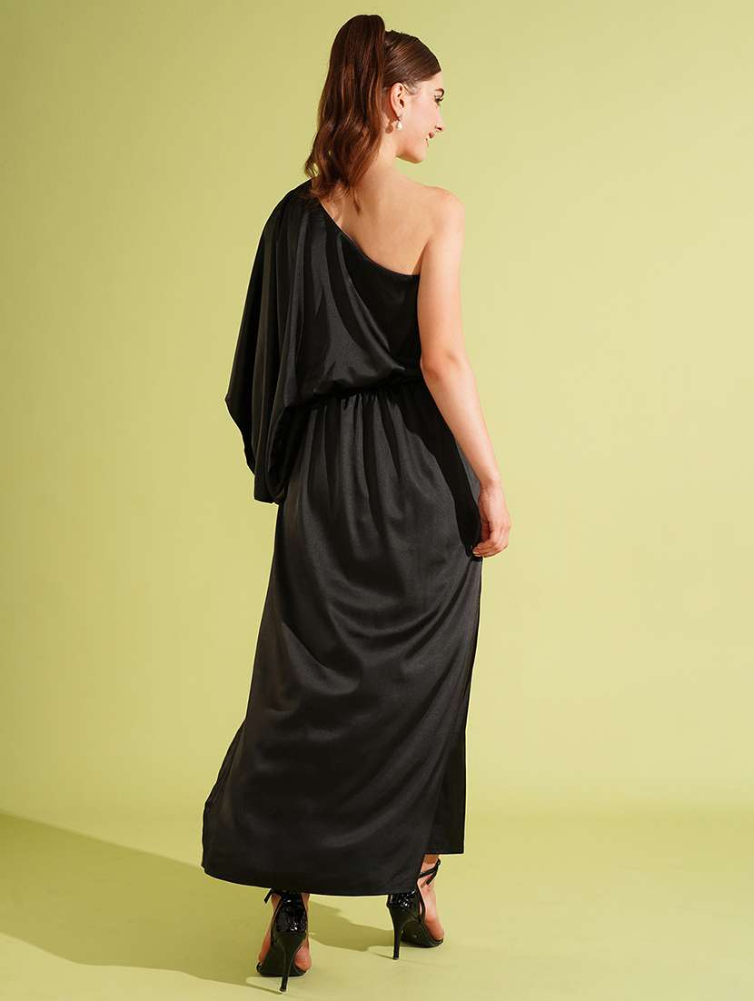 globus women black one shoulder kimono long sleeves side slit satin a-line maxi party dress - 21511056 -  Standard Image - 2