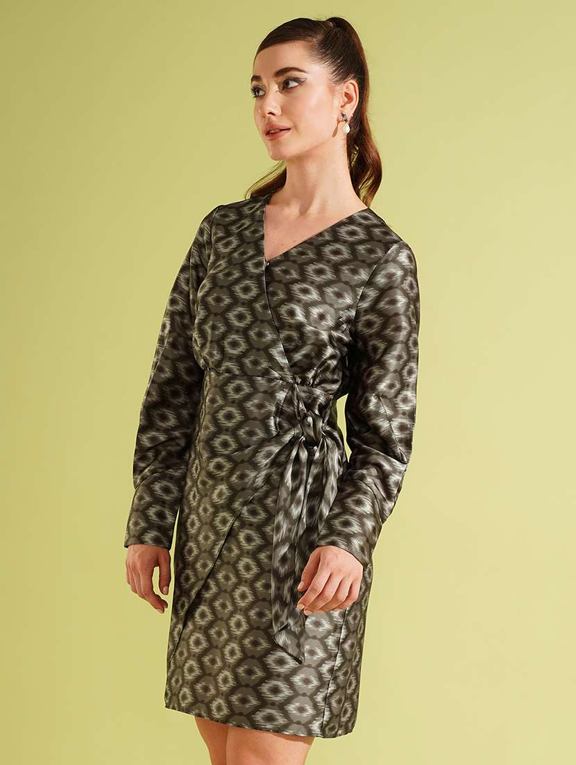 globus women green abstract print v-neck cuffed sleeves wrap tie-up mini party dress