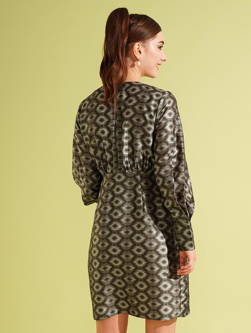 globus women green abstract print v-neck cuffed sleeves wrap tie-up mini party dress - 21511058 - Standard Image - 2