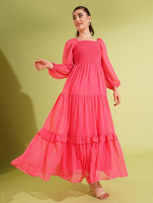 globus women pink self-design squared neck bishop sleeves smocked georgette fit & flared tiered maxi dress - 21511059 - Standard Image - 0