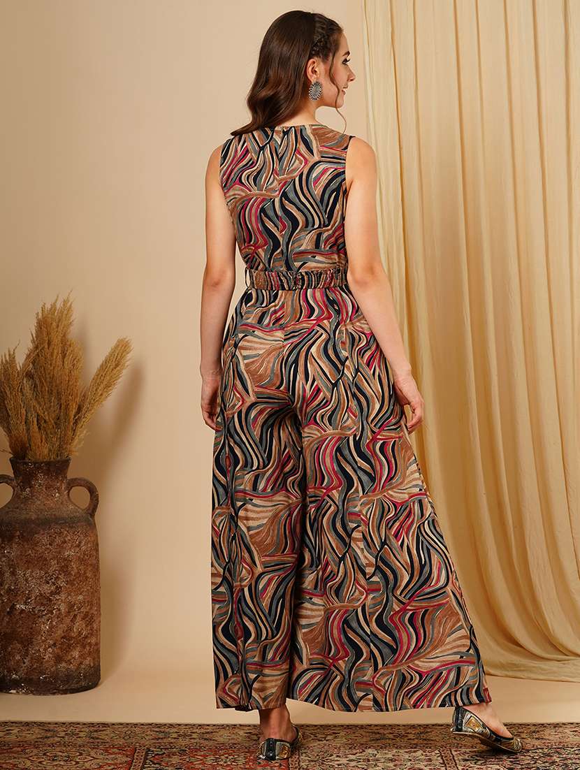 women's multi colour abstract print wrap v-neck waist tie up flared hem fusion jumpsuit - 21511061 -  Standard Image - 2