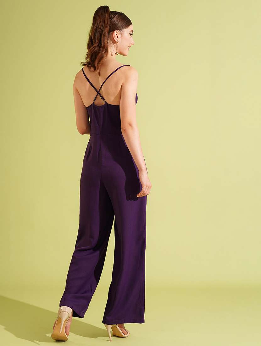 women's purple cowl neck strappy shoulder stylised back long wide leg party jumpsuit - 21511064 - Standard Image - 2