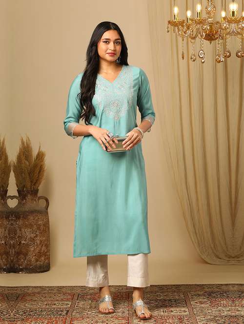 women's green v-neck zari embroidered yoke design straight calf length ethnic kurta - 21511683 -  Standard Image - 0
