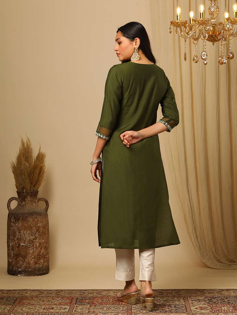 women's green round neck zari embroidered yoke design straight calf length ethnic kurta - 21511685 -  Standard Image - 2