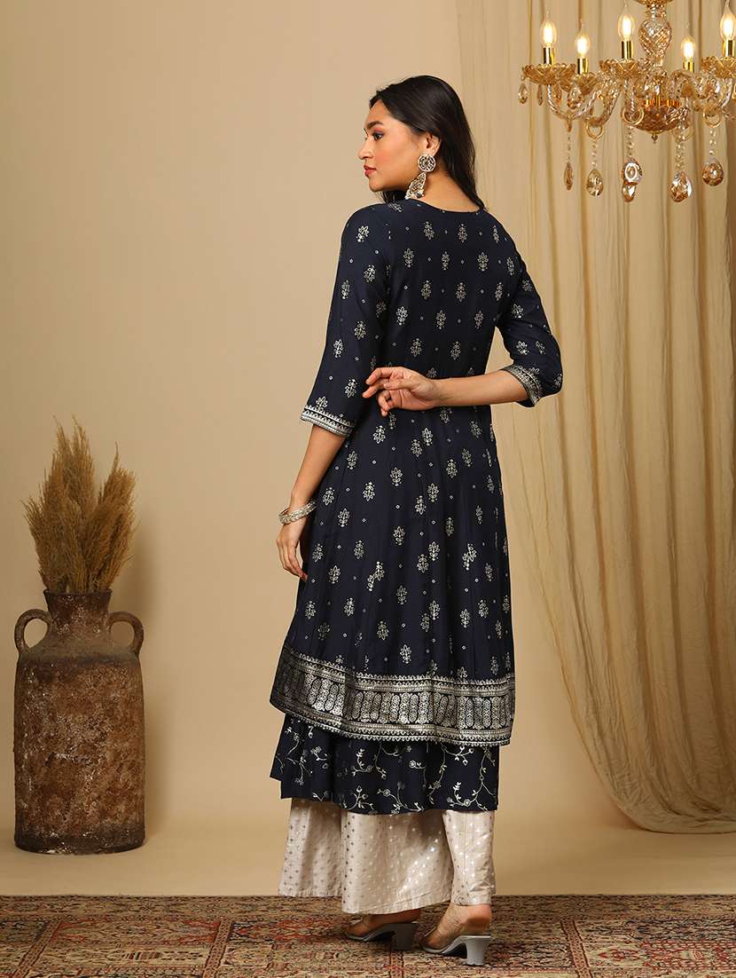 women's blue ethnic motif embroidered sequinned yoke foil jaal print layered anarakali kurta - 21511686 -  Standard Image - 2