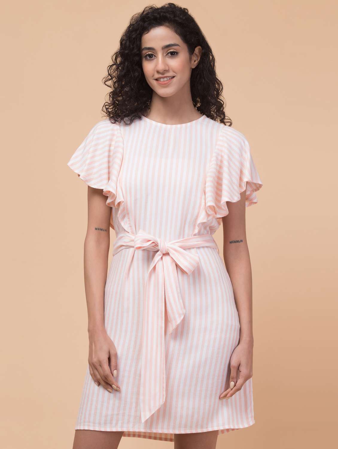 women peach stripes a-line dress