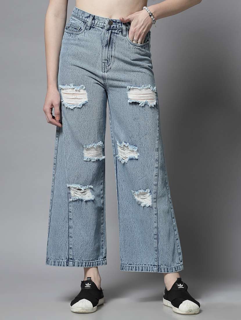 women light blue cotton wide leg jeans