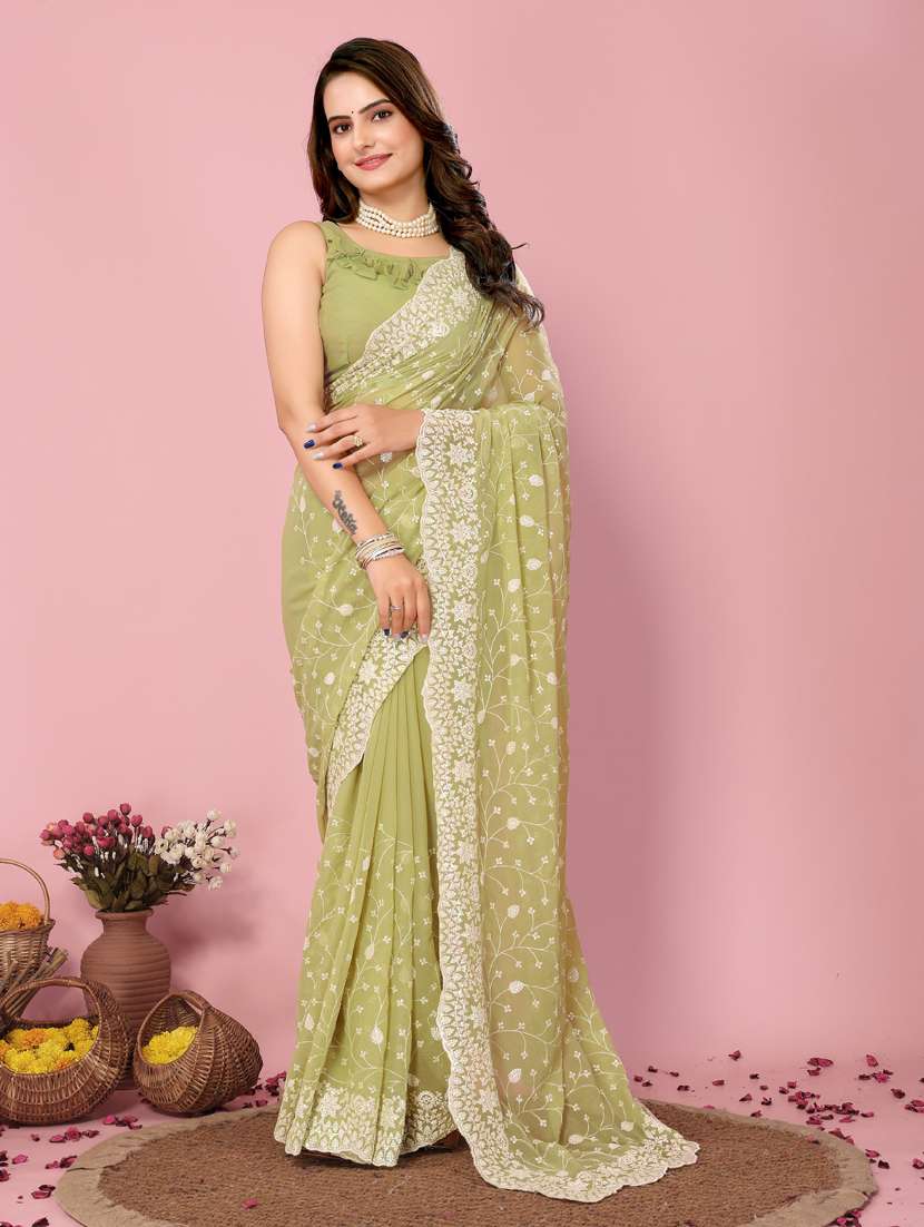 women lime embroidered saree