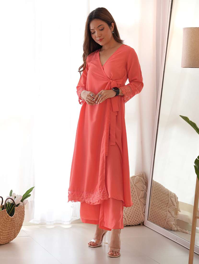 women peach solids kurta palazzo set - 21512805 -  Standard Image - 2