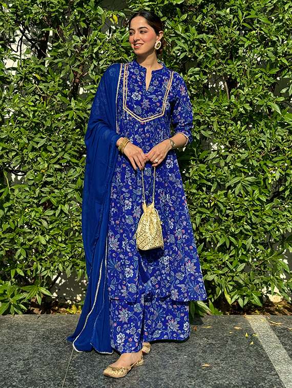 women blue floral kurta palazzo set with dupatta - 21512812 -  Standard Image - 2