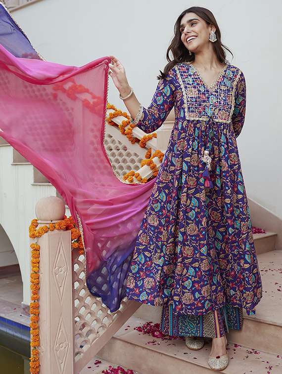 women purple kurta palazzo set with dupatta