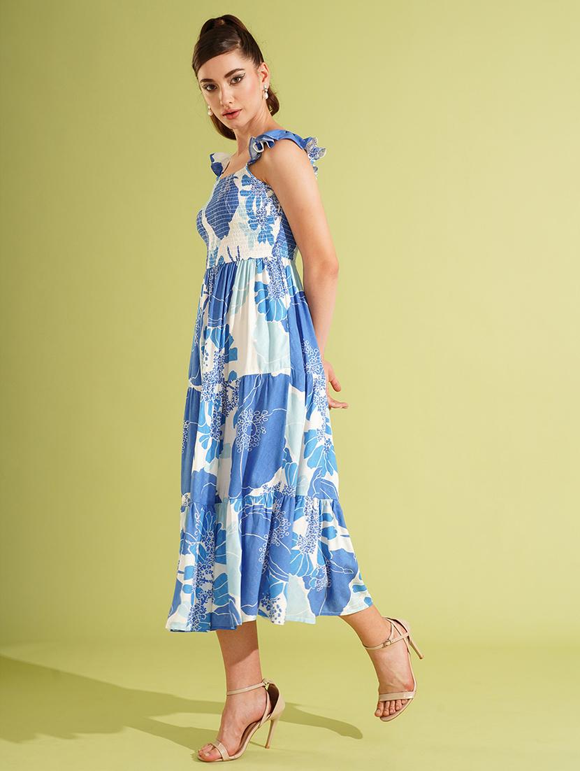 globus women white & blue floral print square neck strappy sleeves smocked tiered fit & flare midi dress - 21512816 - Standard Image - 2