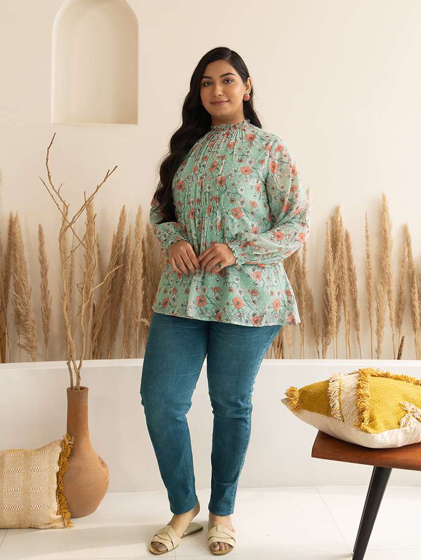 women sea green georgette straight top - 21512834 -  Standard Image - 2