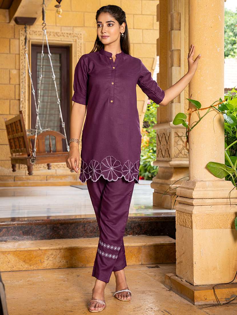 women mandarin neck embroidered co-ord set