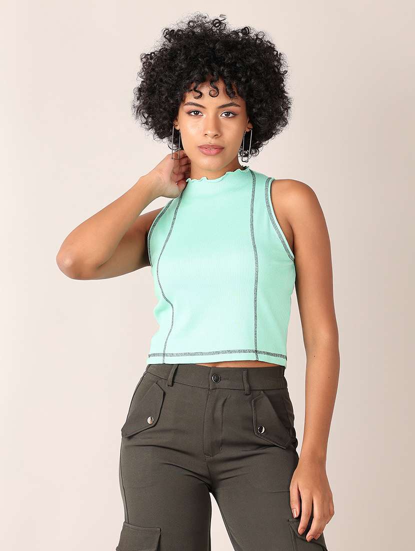 women solid mock neck sleeveless crop top