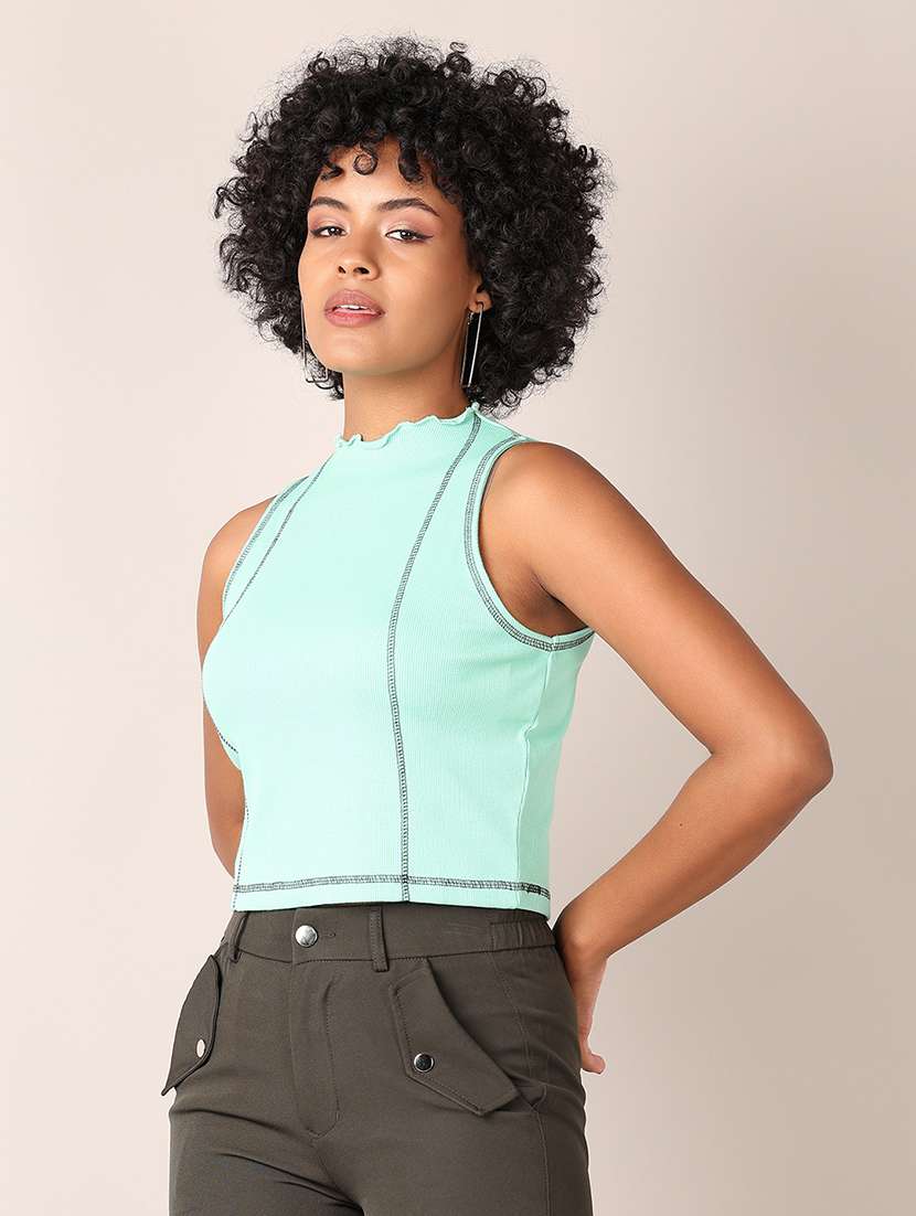 women solid mock neck sleeveless crop top - 21513508 -  Standard Image - 2