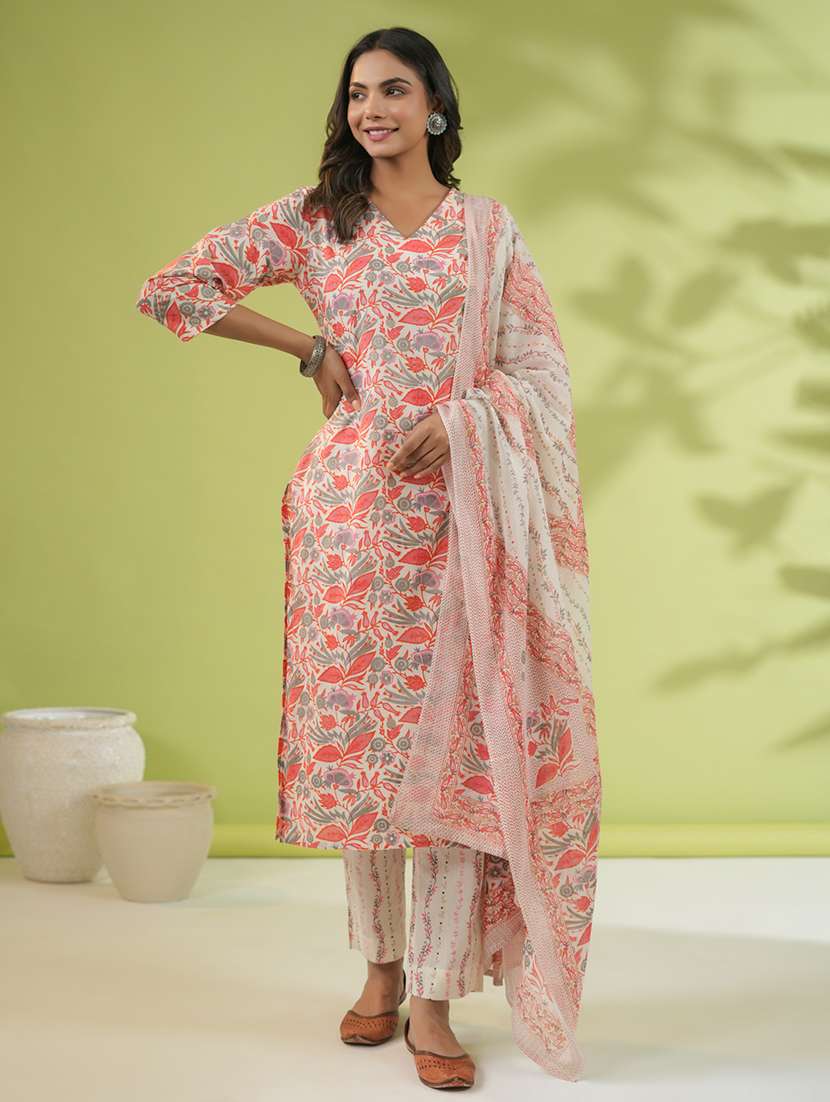 women three quarter sleeve kurta pant with dupatta set