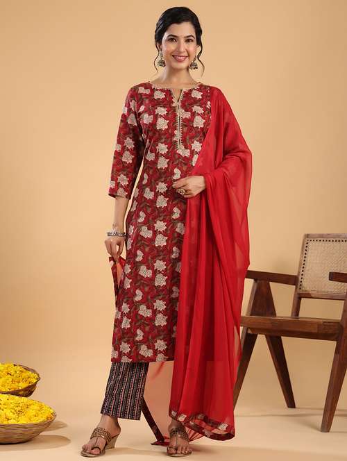 women three quarter sleeve kurta pant with dupatta set - 21513859 -  Standard Image - 0