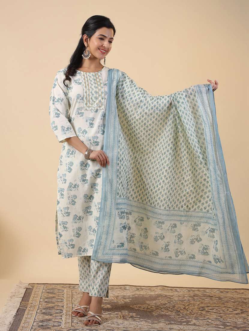 women three quarter sleeve kurta pant with dupatta set