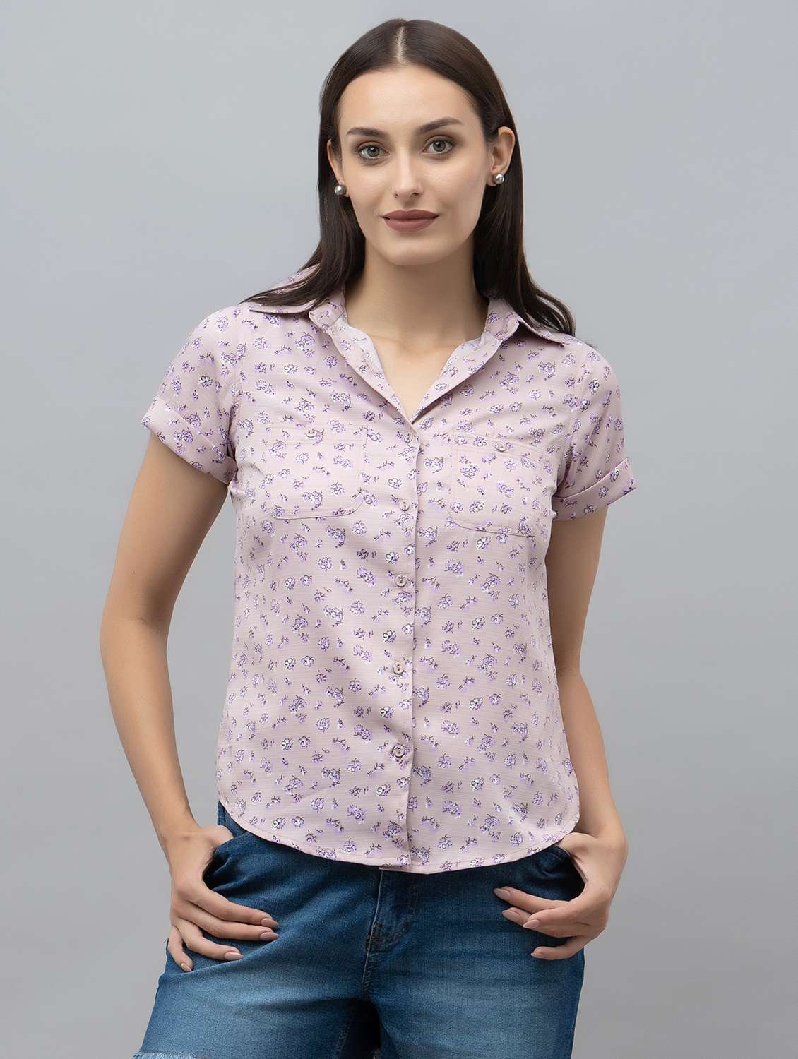 women pink linen regular shirt