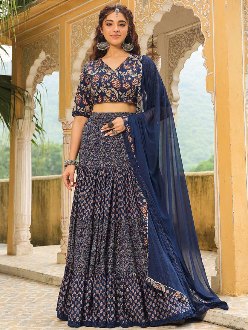 women navy blue flared lehenga