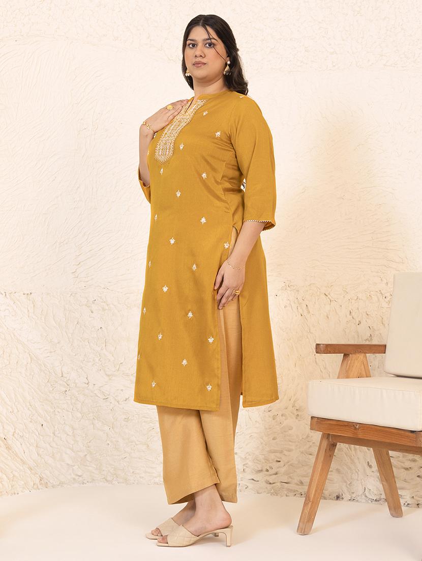 women mustard silk blend straight kurta - 21514069 - Standard Image - 2
