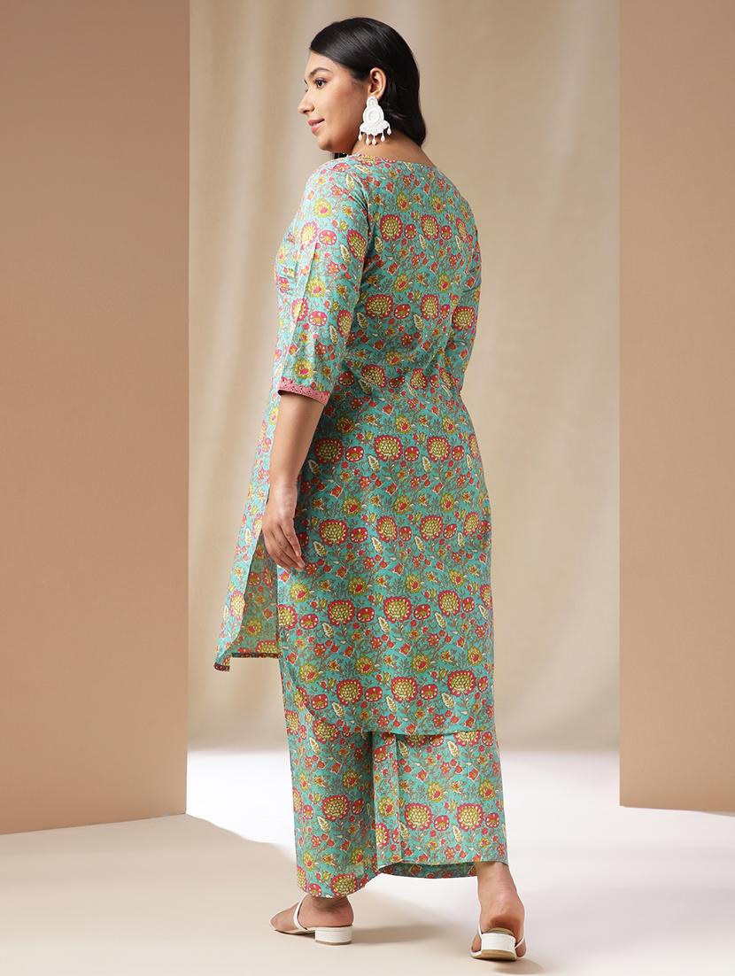 light blue floral printed kurta palazzo set - 21514163 - Standard Image - 2