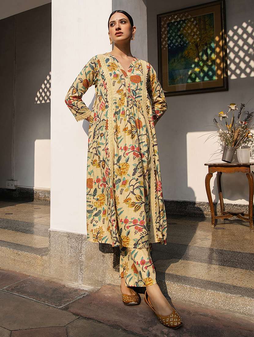 beige floral printed kurta pant set