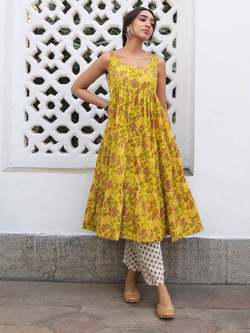 mustard floral printed kurta pant set
