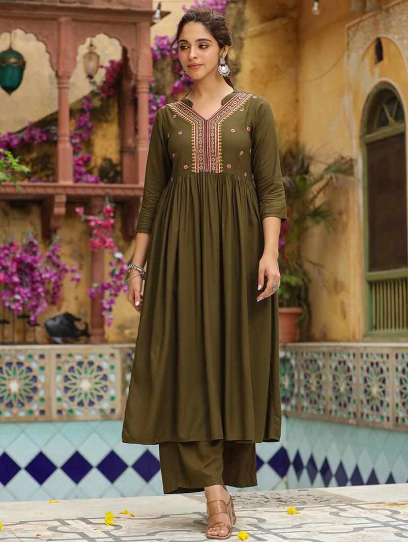 olive rayon kurta palazzo set - 21514193 - Standard Image - 2