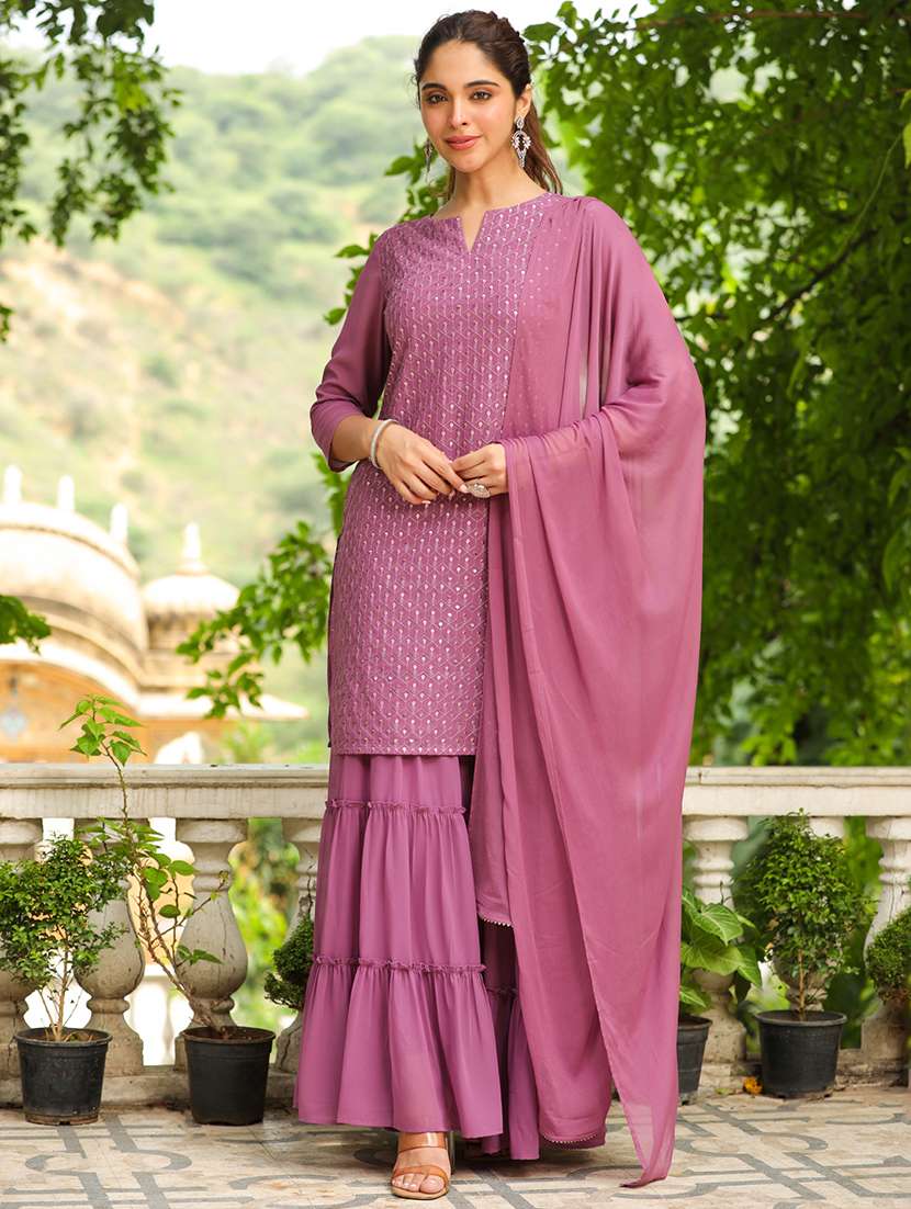 lavender embroidered kurta sharara set with dupatta
