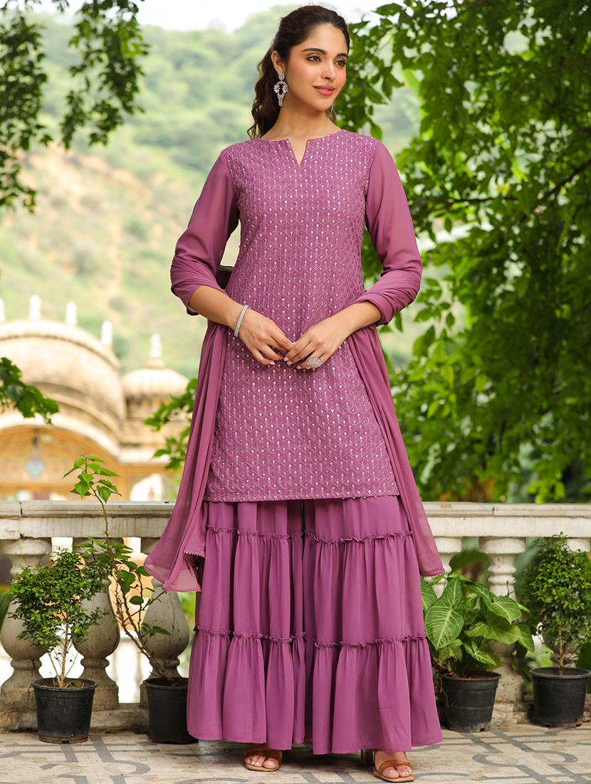 lavender embroidered kurta sharara set with dupatta - 21514207 - Standard Image - 2