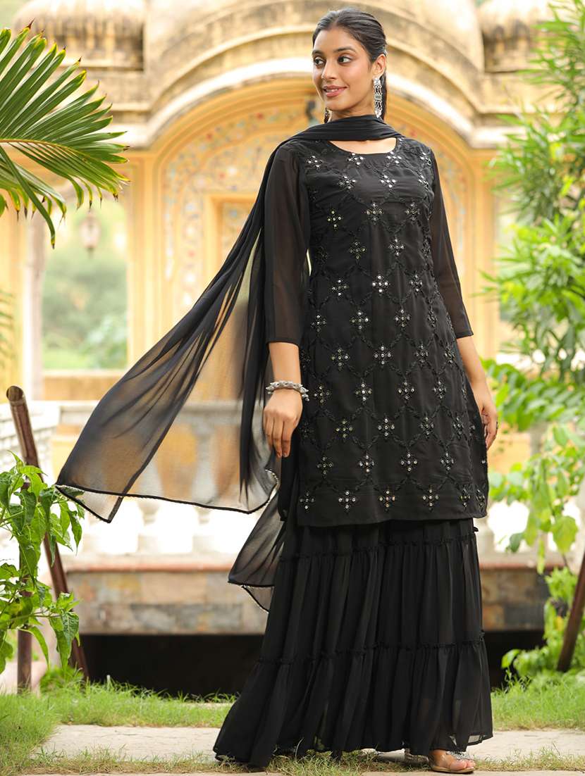 black embroidered kurta sharara set with dupatta - 21514208 -  Standard Image - 2