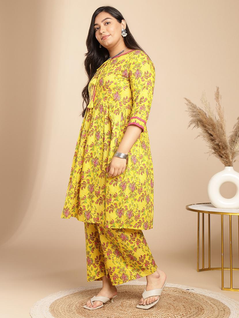 yellow floral printed kurta pant set - 21514211 - Standard Image - 2