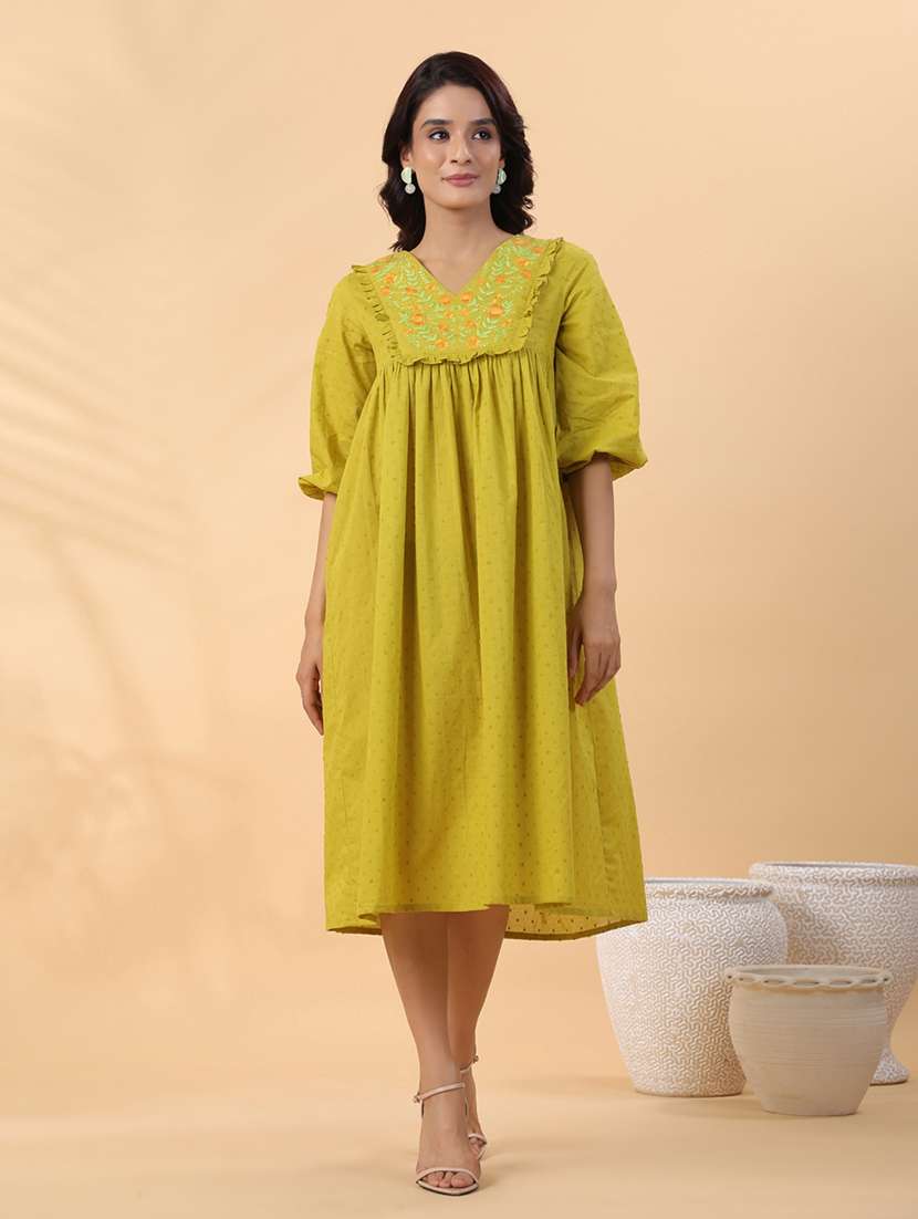 women green embroidered a-line dress