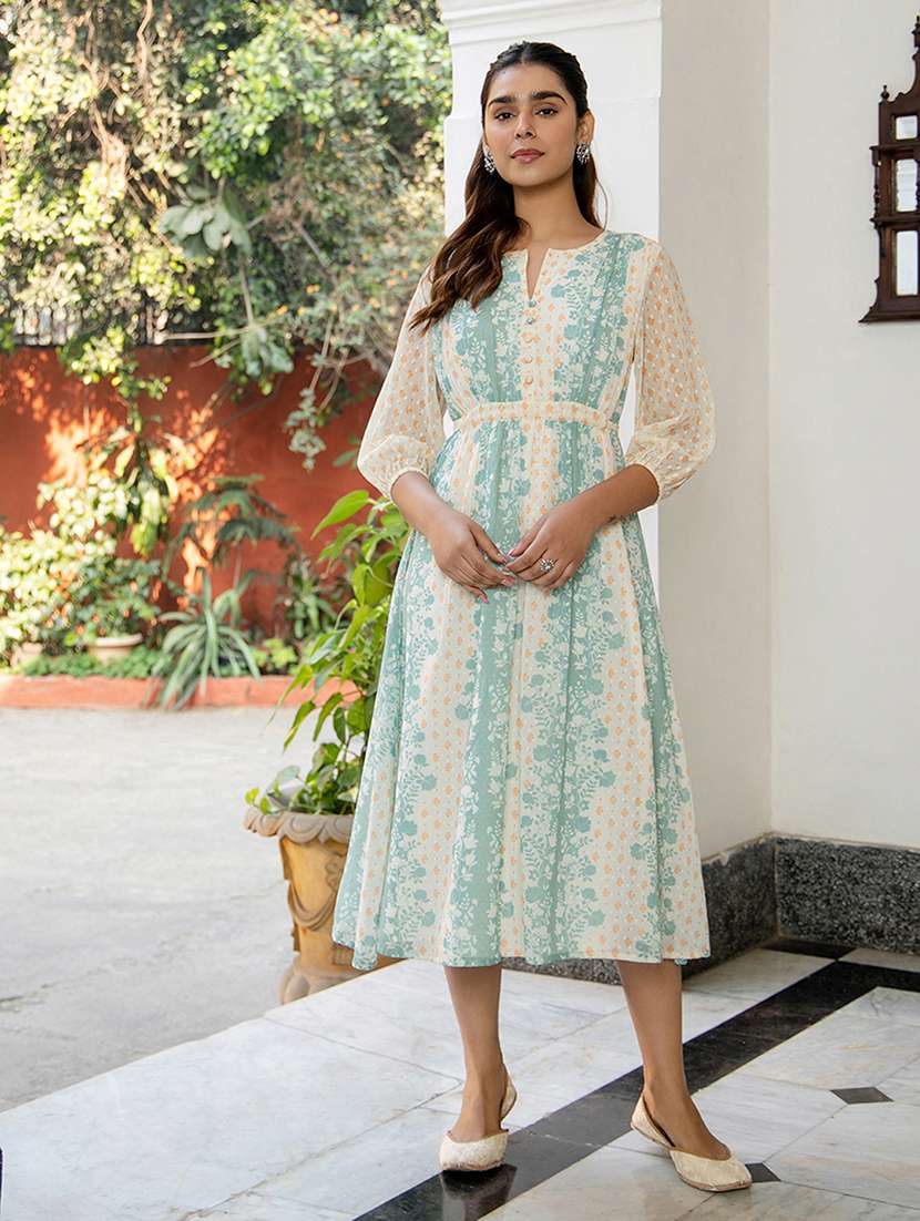 women off white floral printed fit & flare dress