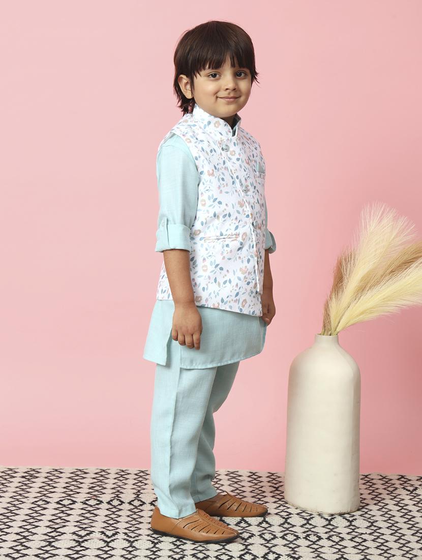 kids light blue solids kurta set with nehru jacket - 21514362 - Standard Image - 2