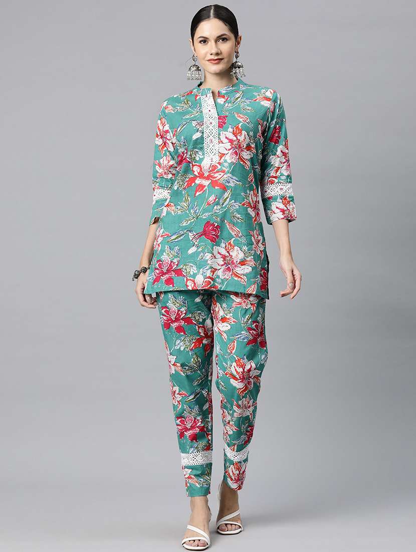 women turquoise floral mandarin neck co-ord sets