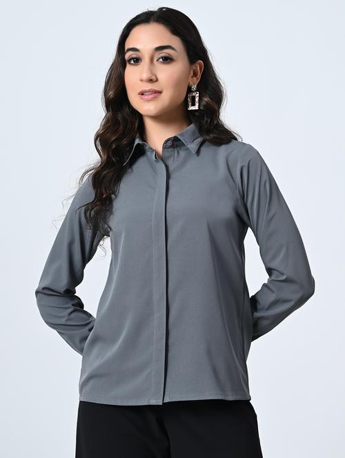 women grey crepe regular shirt - 21514381 -  Standard Image - 0