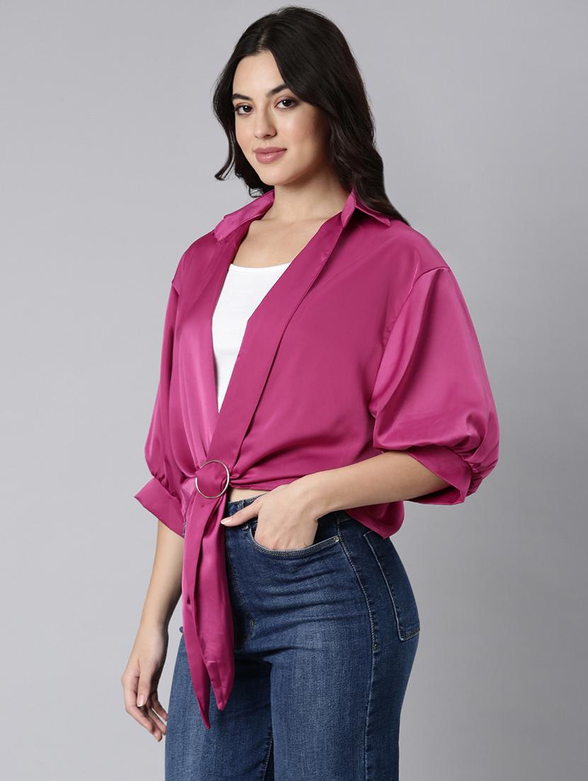 women solid collared shirt style top - 21514489 - Standard Image - 2