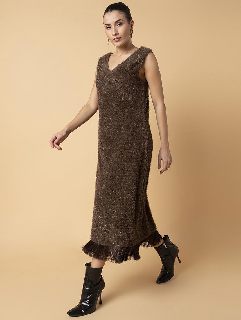 women brown solids sleeveless a-line dress - 21514532 - Standard Image - 2